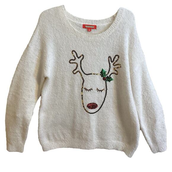 Holiday Traditions White Reindeer Themed Christmas Size L Pullover Sweater - Picture 6 of 9